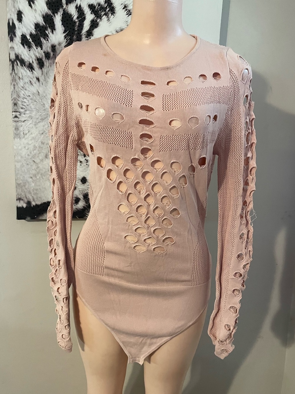 Long sleeve geometric cutout stretch bodysuit Distressed Grunge punk rock 1x